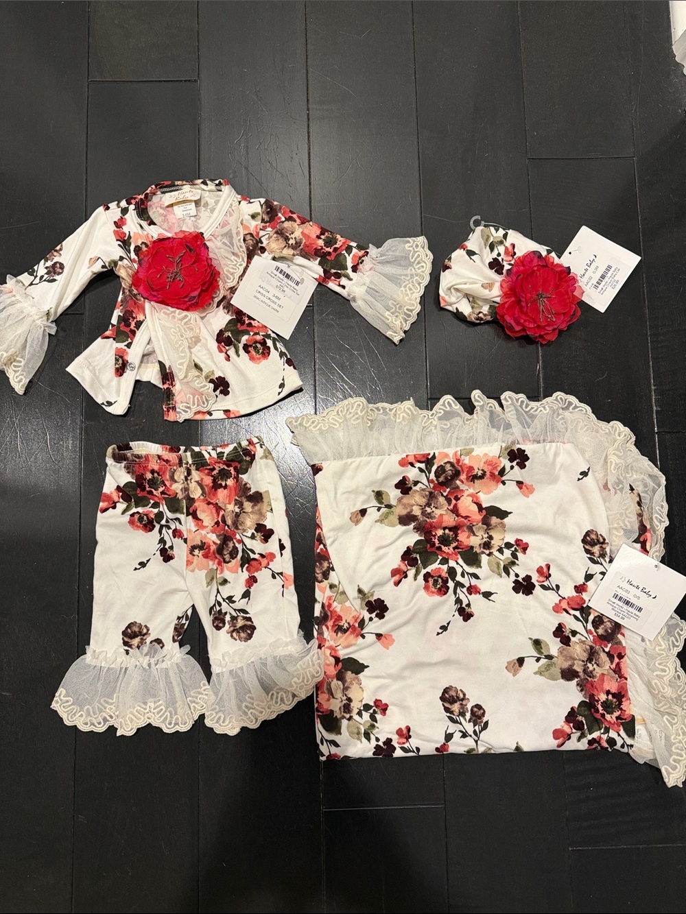 Haute Baby Floral Cream and Red Lace-Trim Set with hat and blanket